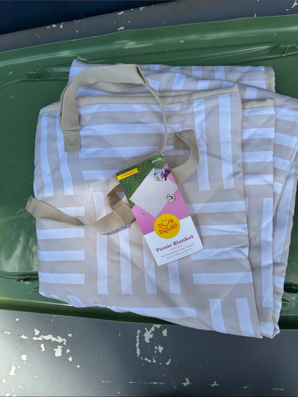 Beige & White Striped Picnic Blanket with Carry Handles
